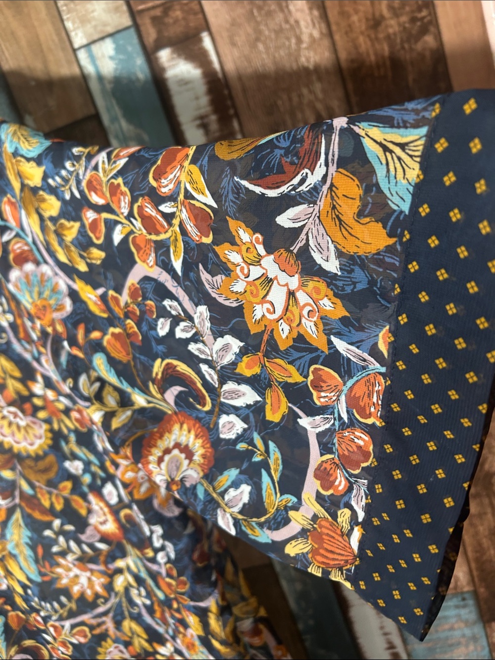 Christopher & Banks Navy Floral Open-Front Kimono with Mustard & Rust Accents - Picture 14 of 14